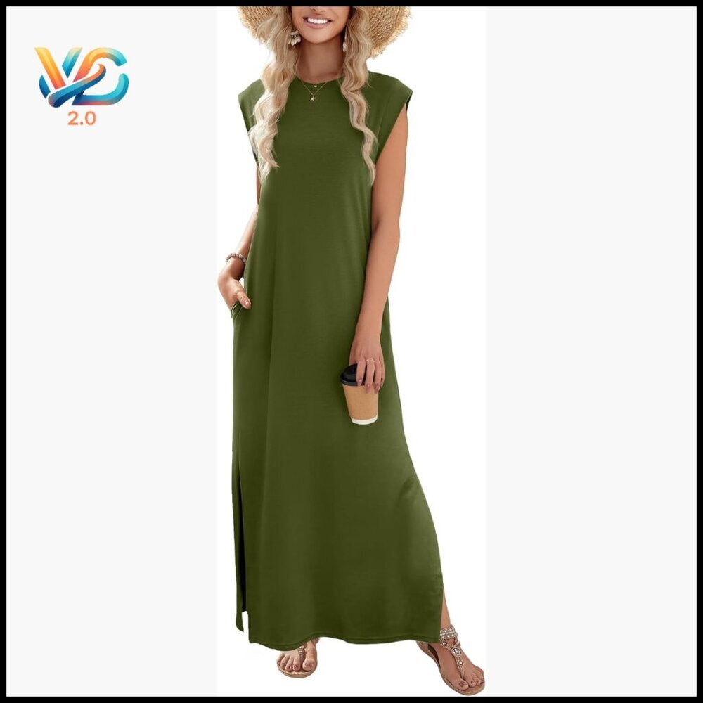Long Maxi Sundress Sleeveless Split Pockets Wrinkle-Free Casual Beach